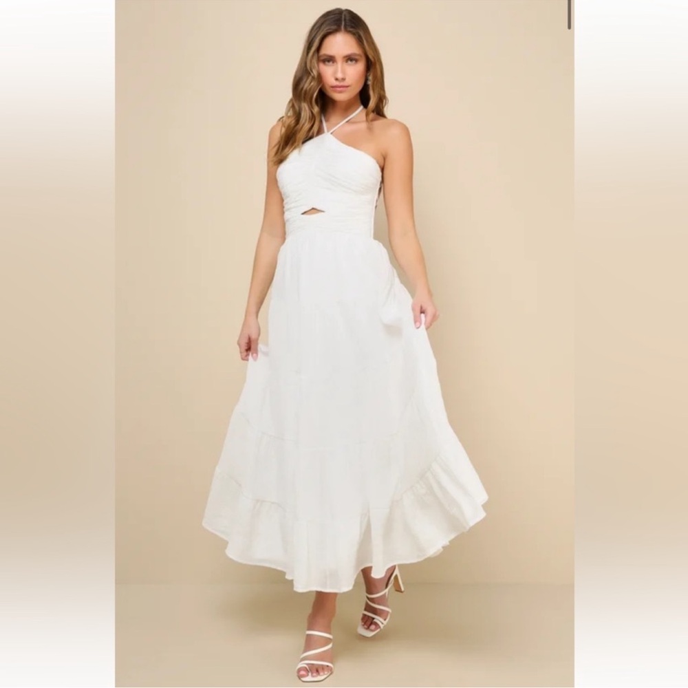 Lulu’s Effortless Sweetness White Ruched Lace-up Tiered Mini dress  Sz M